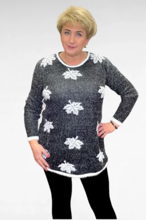 KU.085 - Soe grafiithall valge lehemustriga karvane sviiter "Liisa"