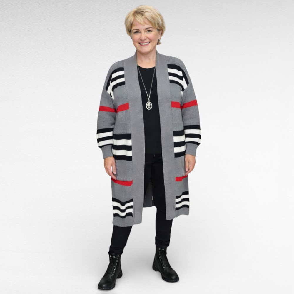 KA.043 - Hall triibulise mustriga pikem soe kardigan "Rafaella"