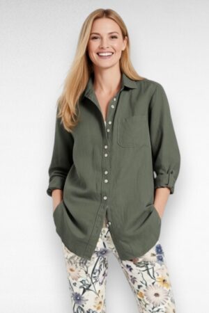 Linasegune eest nööpidega khakiroheline pikem pluus  (PL.136)