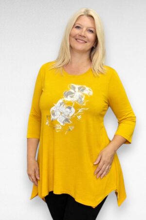 TU.077 - Ookrikollane asümmeetrilise lõikega lillemustriga tuunika "Lily"