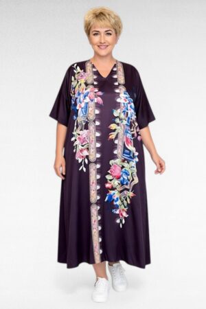 Tumelilla roosakirju lillemustriga kaftankleit "Gypsie Blu" (KL.613)