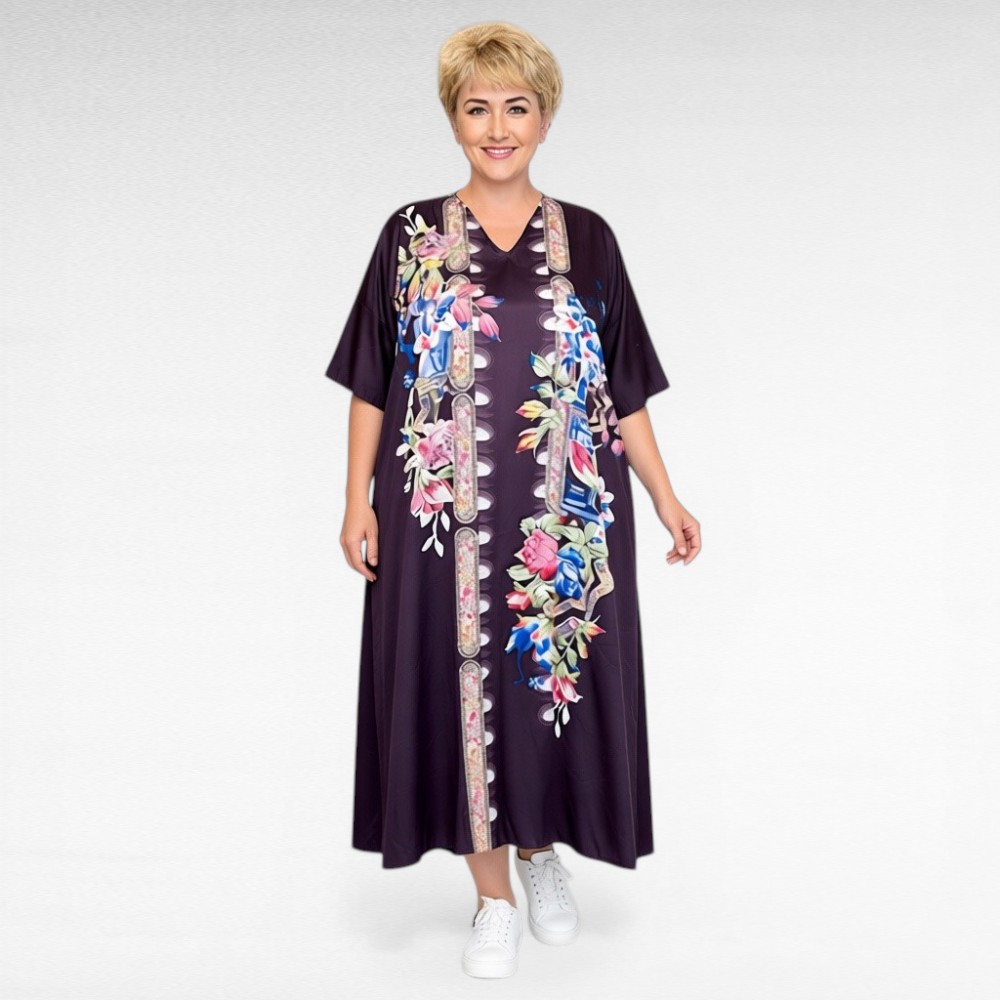 Tumelilla roosakirju lillemustriga kaftankleit "Gypsie Blu" (KL.613)