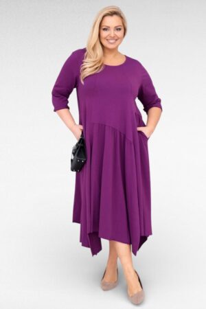 KL.224 - Ühevärviline mugav puuvillane taskutega asümmeetriline kleit "New Collection"