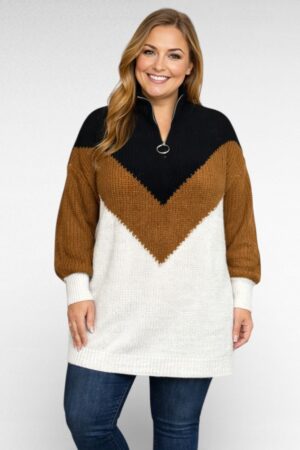 KU.039 - Valge- ja pruunikirju sakilise mustriga ülevalt lukuga sviiter