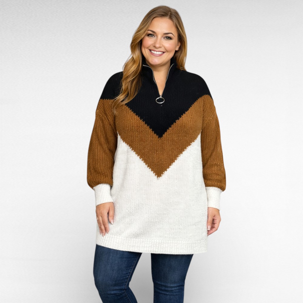 KU.039 - Valge- ja pruunikirju sakilise mustriga ülevalt lukuga sviiter