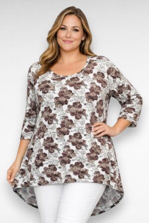 TU.109 - Pruuni- ja valgekirju lillemustriga tuunika "Yours Curvy"