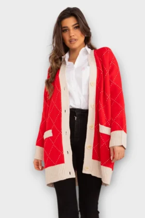 KA.147 - Säbrulise ruudulise mustriga eest nööpidega pikem pehme kardigan