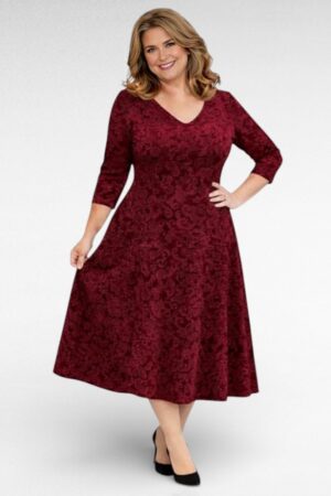 KL.785 - Veinipunane veluursametist lillemustriga pidulik kleit