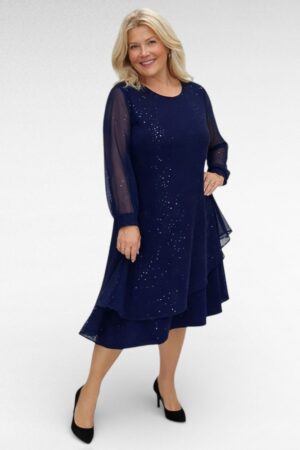 KL.255 - Sätendava mustriga tumesinine alt satsiline pidulik kleit "Ireen"