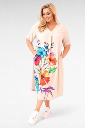 KL.834 -Efektse lillemustriga V-kaelusega taskutega suvekleit Itaaliast