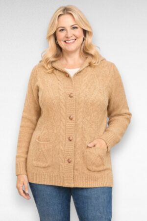 Beež kapuutsi ja taskutega naiste kardigan (KA.010)