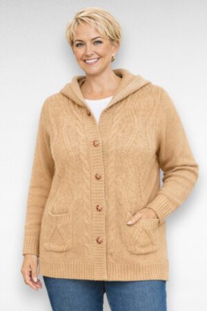 KA.010 - Beež kapuutsi ja taskutega naiste kardigan