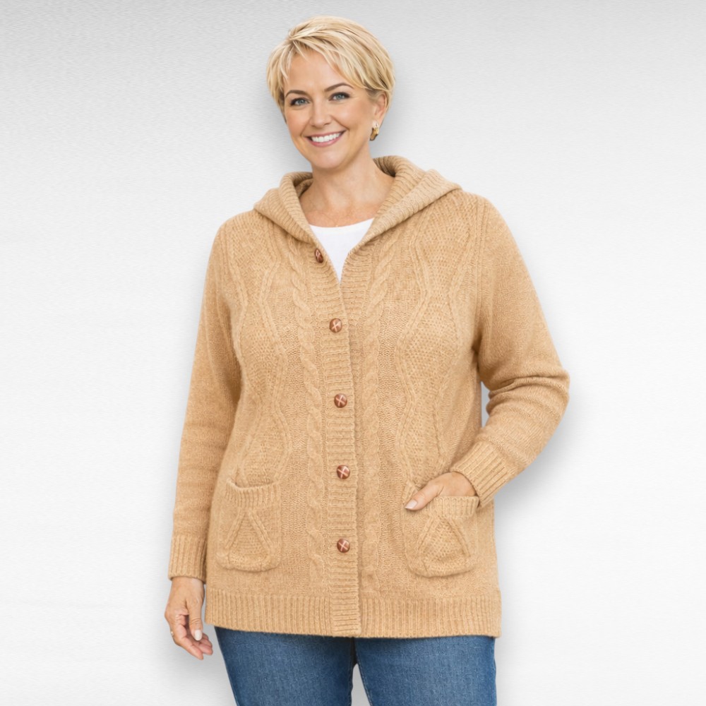 KA.010 - Beež kapuutsi ja taskutega naiste kardigan