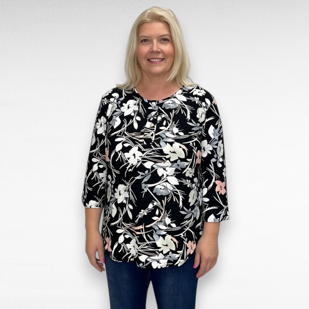 Must kirju lillemustriga ülevalt nööpidega pluus "Kati" (PL.331)