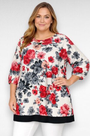 TU.615 - Stiilne punasekirju lillemustriga poolpikkade varrukatega tuunika "Esmira Fashion"