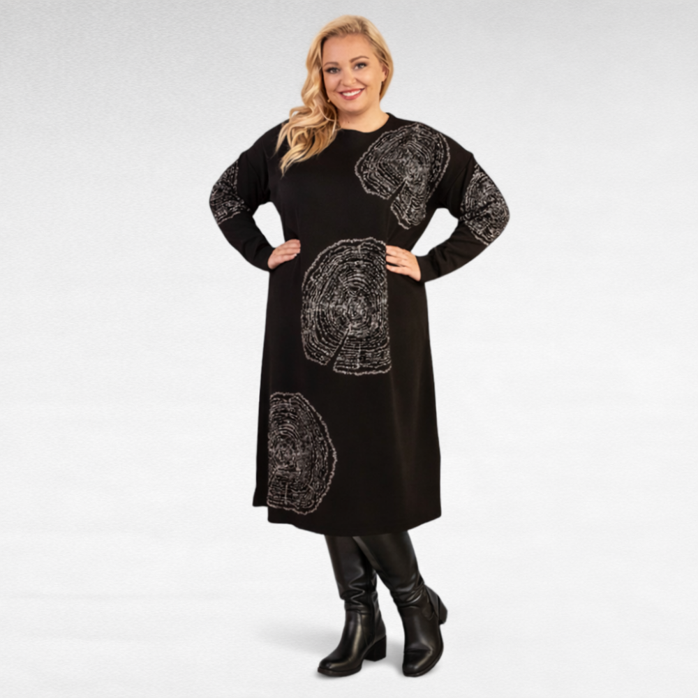 KL.854 - Suure hõbedase ringimustriga must kootud kleit "Miss Bonni"