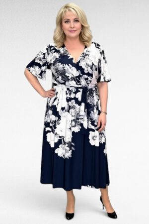 Pidulik tumesinine lillemustriga pikem pluss suurus naiste kleit "Cruz" (KL.559)