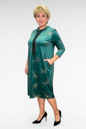 Roheline kuldse mustriga taskutega pidulik naiste kleit (KL.780)