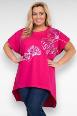 Asümmeetrilise lõikega lillepildiga erkroosa tuunika (TU.101)