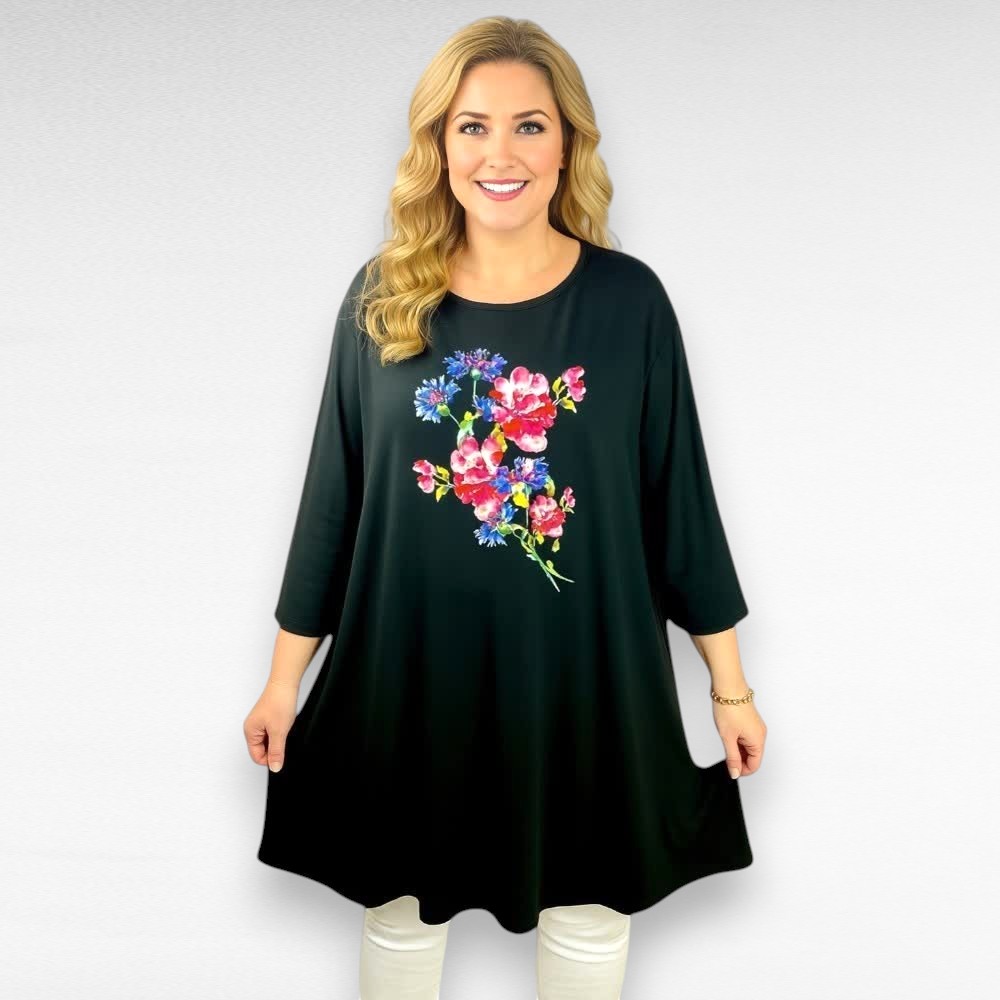 Rukkilillemustriga alt laienev must tuunika "Sabex" (TU.233)