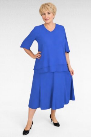 Pidulik sinine pluss suuruses naiste kostüüm seeliku ja pluusiga (KO.090)