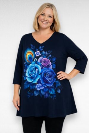 Tumesinine lillemustriga V-kaelusega tuunika "Betti Fashion" (TU.206)
