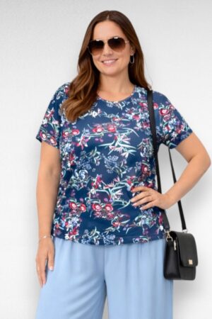 PL.068 - Tumesinine puuvillane kirju lillemustriga pluus "Classic Basic"