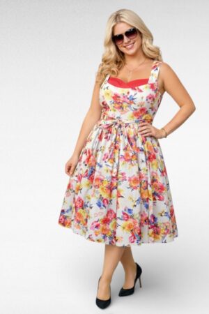 Valge kirju lillemustriga naiste retrokleit "Anmol" (KL.508)