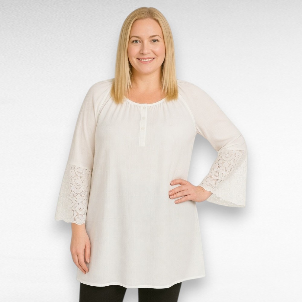 Valge pitsvarrukatega kortsuriidest tuunika "Ellos" (TU.001)