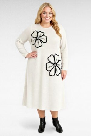 KL.127 - Stiilne valge efektse suure lillemustriga kootud kleit