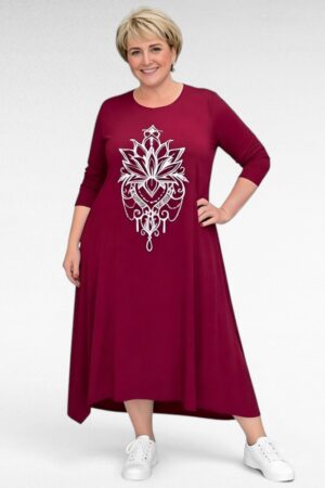 Asümmeetrilise lõikega mandalamustriga pluss suurus puuvillane kleit (KL.664)