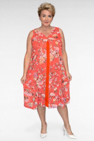 Korallroosa lillemustriga kahekihiline kleit "Evans" (KL.162)