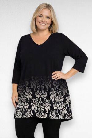 Must hallikasvalge mustriga V-kaelusega tuunika "Esmira Fashion" (TU.142)
