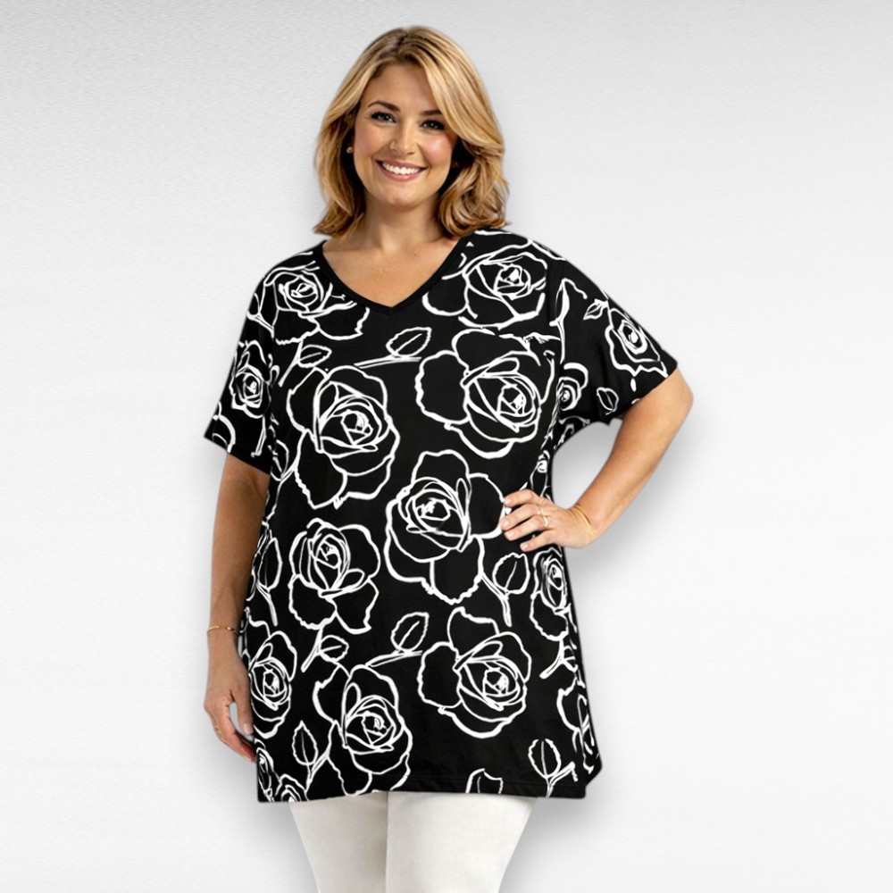 Must efektse valge lillemustriga tuunika "Esmira Fashion" (TU.071)