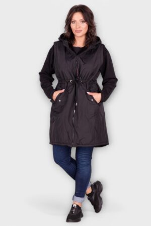 Vee- ja tuulekindel pikem must kapuutsiga soe vest (JO.101)