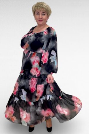 Luksuslik must suure lillemustriga satsiline pidulik kleit (KL.247)