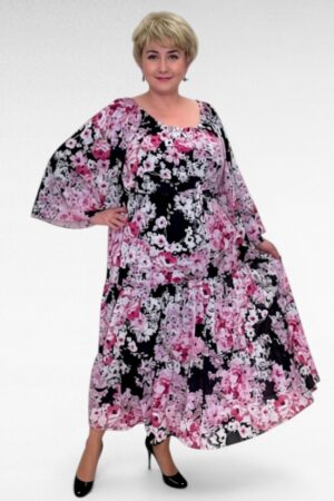 Luksuslik must väikese lillemustriga satsiline pikk pidulik kleit (KL.112)