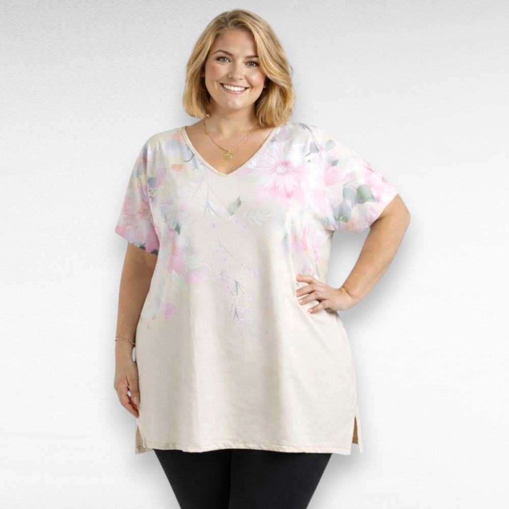 Kreemikasbeež heleroosa lillemustriga tuunika "Esmira Fashion" (TU.066)