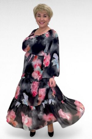 Luksuslik must suure lillemustriga satsiline pidulik kleit (KL.247)