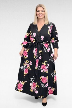 KL.172 - Roosakirju lillemustriga plisseeritud vööga kleit "Marimel"