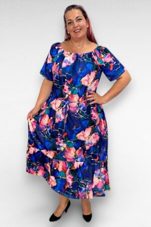 Erksinine roosa liblikamustriga alt satsiga kleit "Sanna" (KL.676)