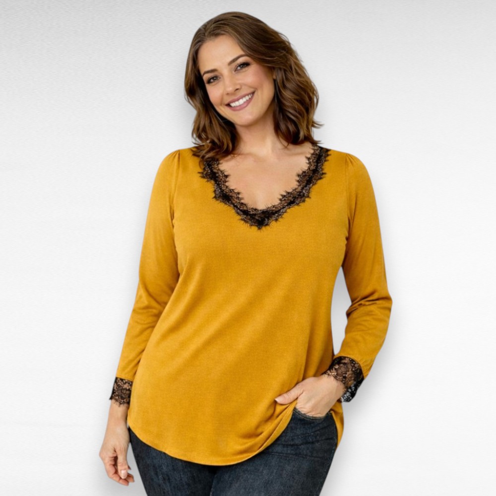 Sinepikollane musta pitskaelusega pluus "Blancheporte" (PL.485)