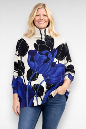 Sinisekirju suure lillemustriga kõrge kaelusega sviiter (KU.094)