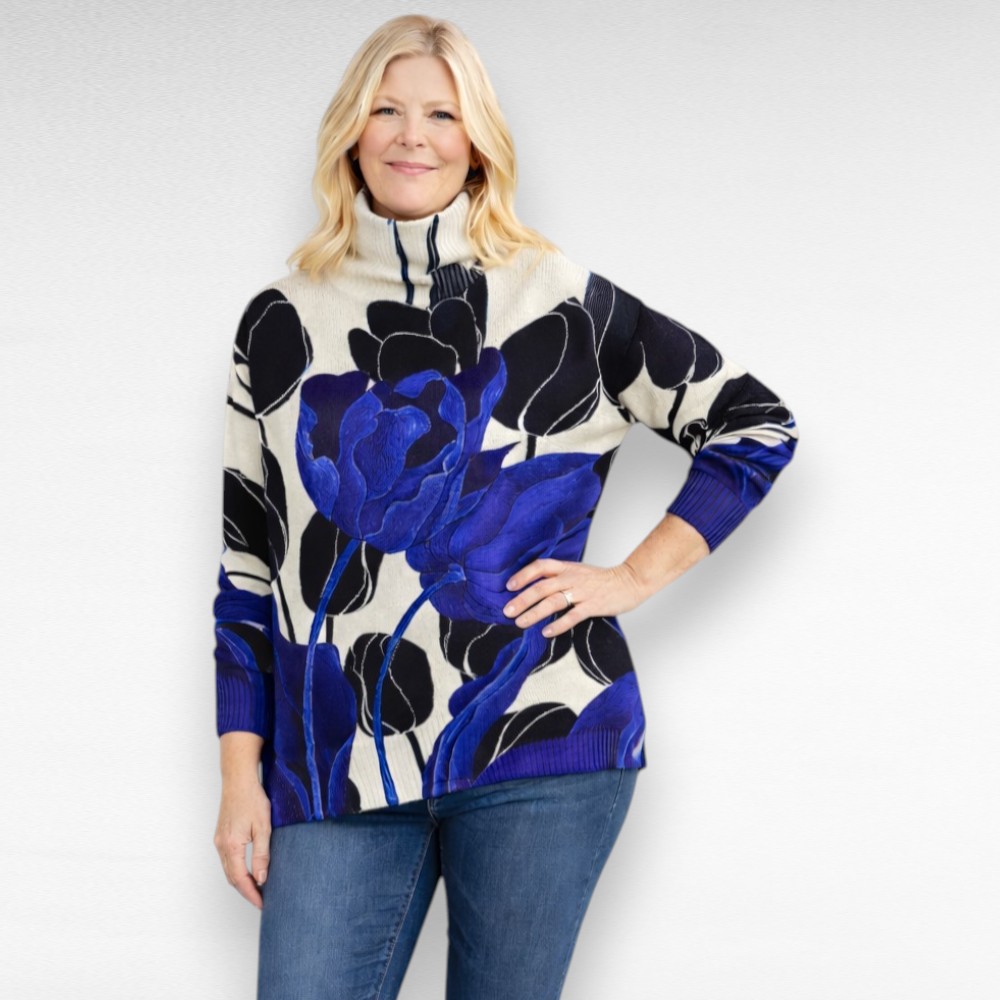 Sinisekirju suure lillemustriga kõrge kaelusega sviiter (KU.094) - Image 2