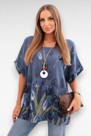 Puuvillane tulbimustriga kaelakeega naiste pluus (PL.270)