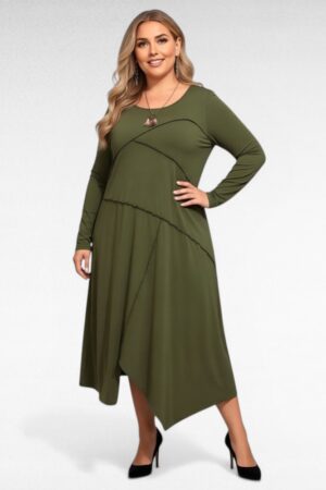 Khakiroheline asümmetrilise lõikega pluss suuruses naiste kleit "Frida" (KL.106)