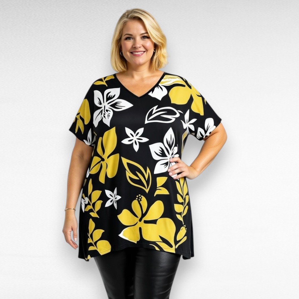 Must  kollase-ja valgekirju lillemustriga V-kaelusega lühikeste varrukatega naiselik pluss suuruses tuunika firmalt “Esmira Fashion”. Hea langevus, ei kortsu. T