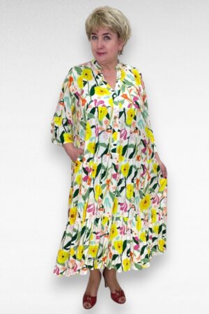 Värvikirev kollasekirju satsiline taskutega pikk pluss suurus naiste kleit (KL.175)