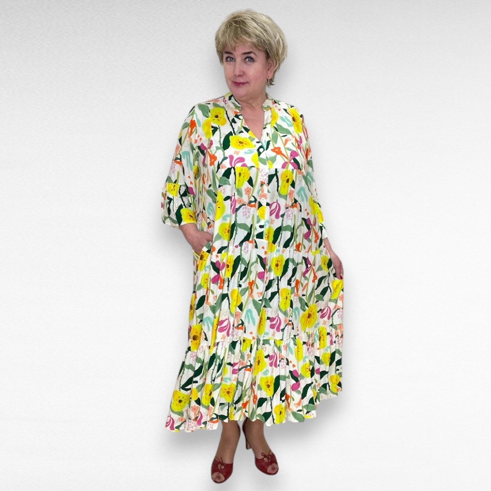 Värvikirev kollasekirju satsiline taskutega pikk pluss suurus naiste kleit (KL.175)