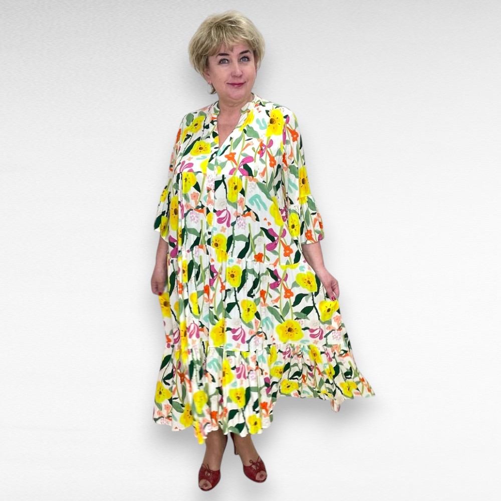 Värvikirev kollasekirju satsiline taskutega pikk pluss suurus naiste kleit (KL.175) - Image 2